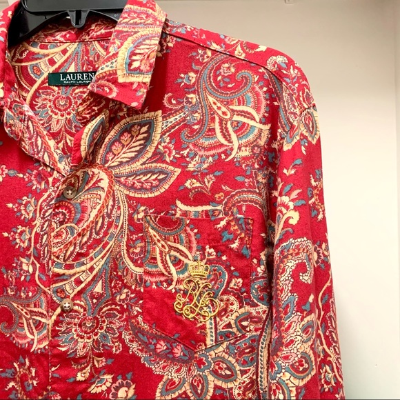 Ralph Lauren Paisley Button Up Long Shirt Tunic Floral Red Gold Womens Dress S - Picture 3 of 6